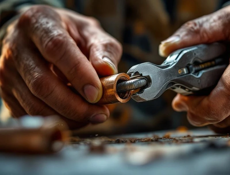 Hands cutting and deburring copper pipe during Chattanooga burst pipe repair
