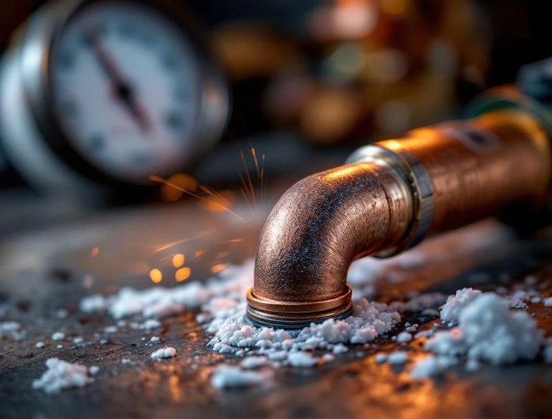 Freshly soldered copper joint with pressure gauge confirming 60 PSI hold — Chattanooga repair finish