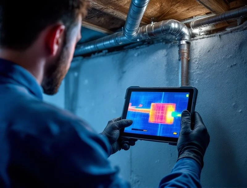 Plumber sweeping FLIR thermal imaging camera along basement-ceiling pipe showing thermal blue cold zone