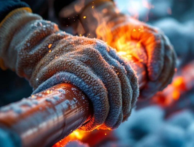 Gloved hands wrapping frozen copper pipe with hot wet towels — Chattanooga safe thawing