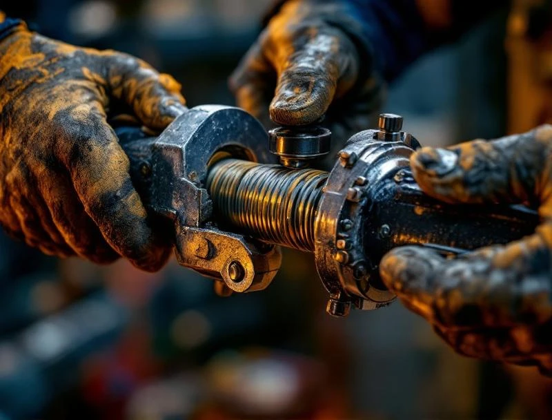 Hands using 24-inch pipe wrench to thread malleable iron elbow on black iron gas pipe in Chattanooga