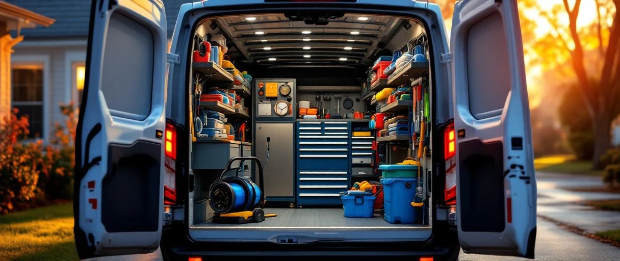 Service van with organized plumbing equipment in suburban Chattanooga driveway