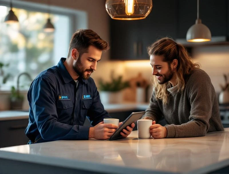 Tennessee plumber explaining repair options to homeowner using tablet in Chattanooga kitchen