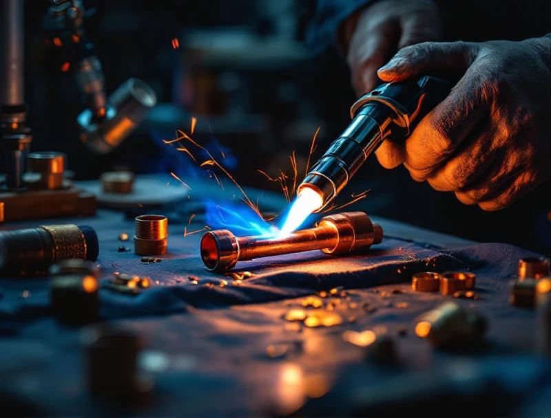 Plumber soldering copper pipe joint with propane torch and flux — Chattanooga workmanship