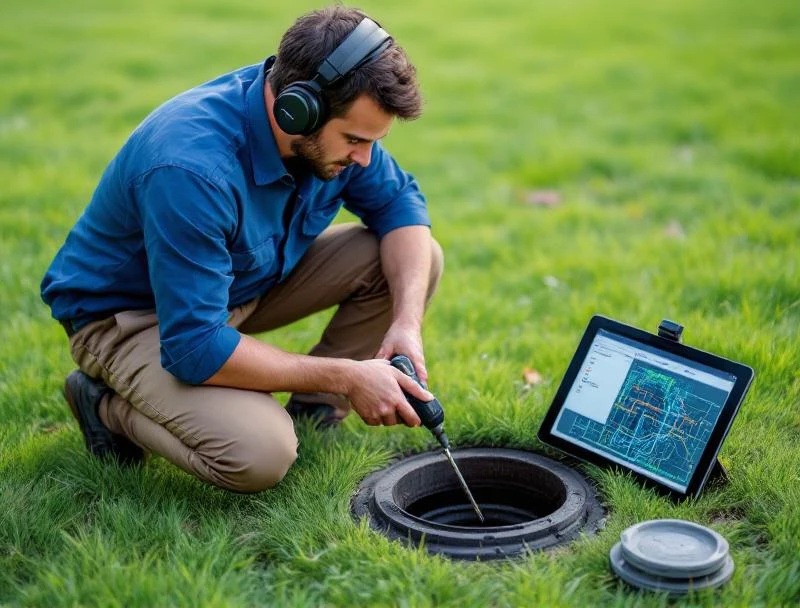 Plumber tracing buried sewer line with sonde locator wand on Chattanooga lawn