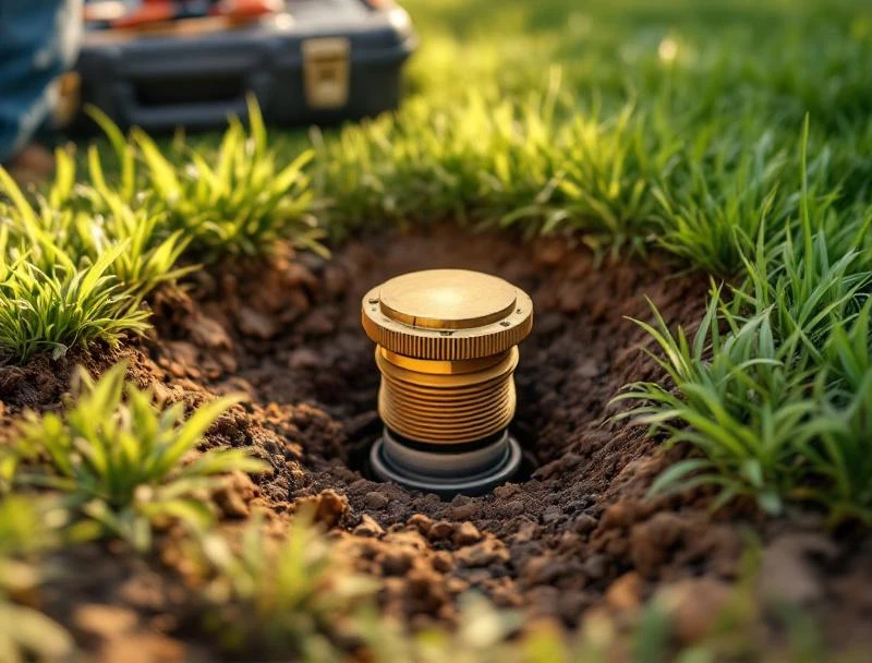 Newly installed two-way exterior cleanout with brass cap and restored sod after Chattanooga sewer repair