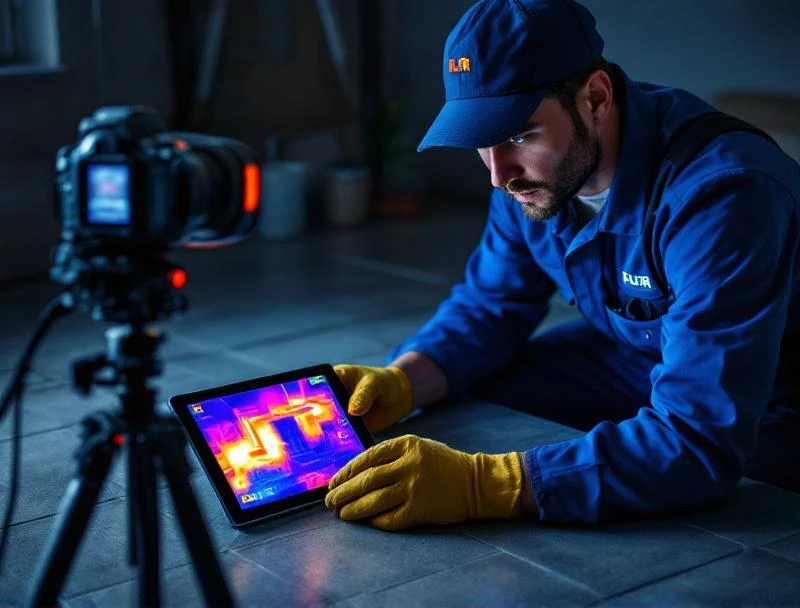 Plumber sweeping FLIR thermal camera over Chattanooga tile floor showing hot-spot heat signature on slab