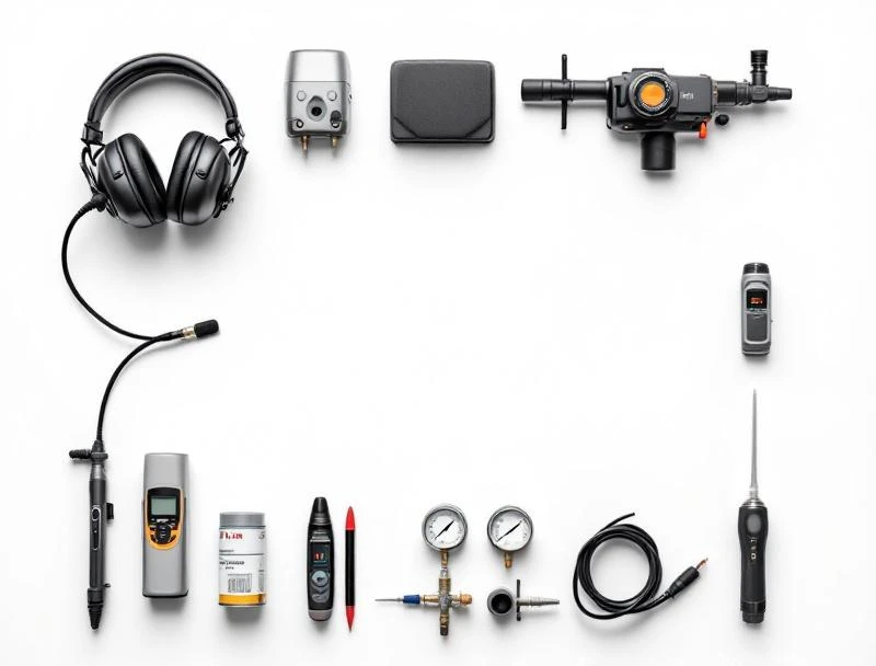 Slab leak detection equipment — acoustic mic, FLIR thermal camera, helium tracer system, moisture meter