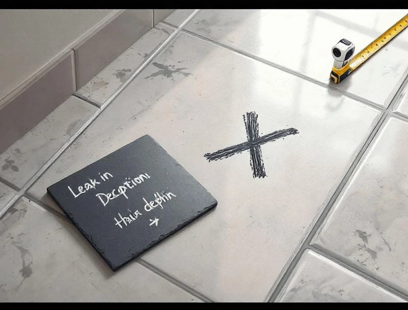 Tile floor with pinpoint marker paint X mark indicating slab leak location after Chattanooga detection