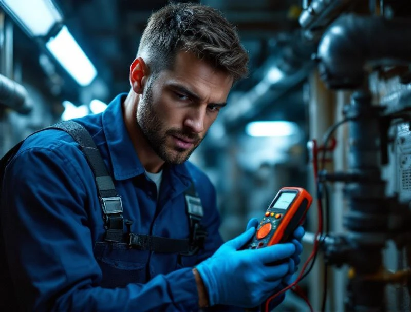 Plumber using amp-clamp meter on sump pump power cord during Chattanooga diagnostic