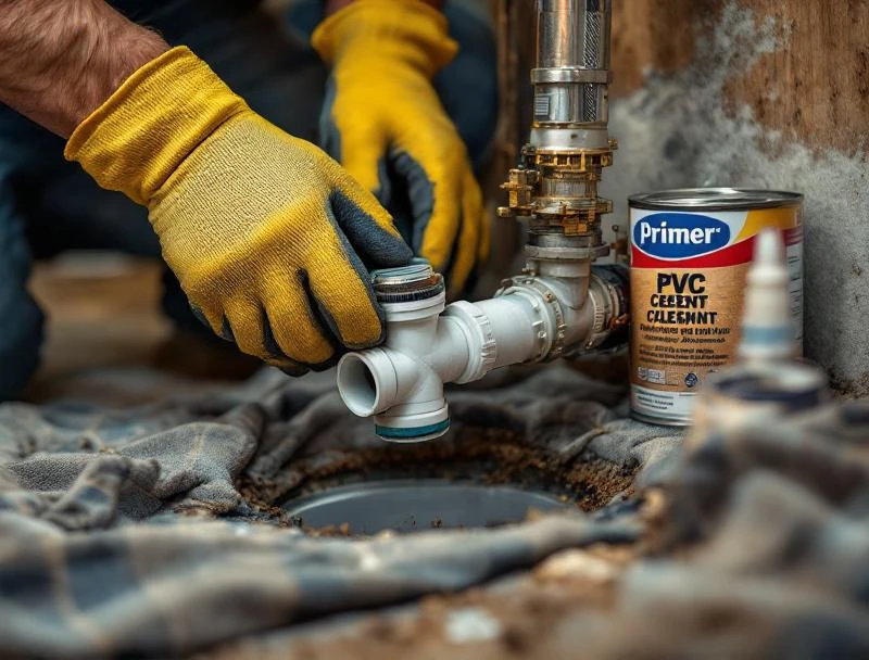 Hands attaching new PVC check valve to sump discharge line during Chattanooga repair