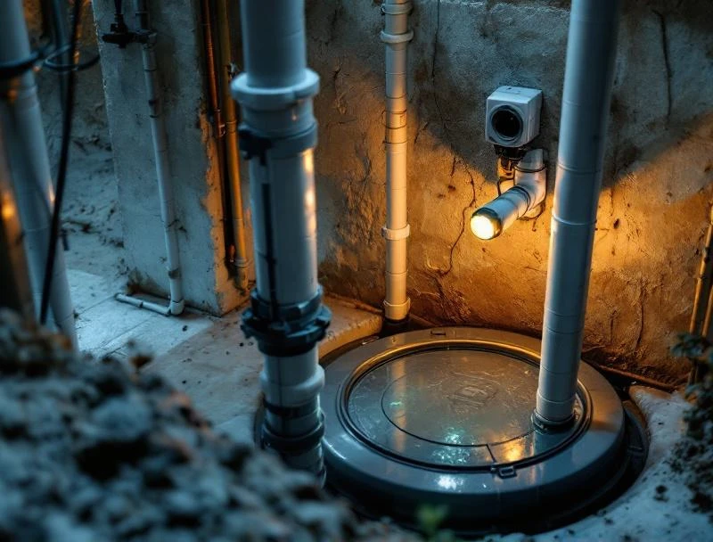 Clean sump pit with primary and battery backup pumps, sealed cover, Wi-Fi alarm — Chattanooga finish