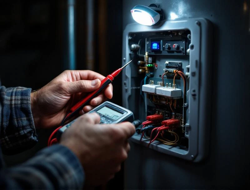 Multimeter testing electric water heater element terminals during Chattanooga repair