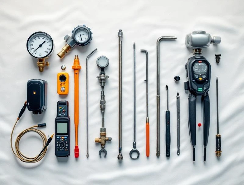 Water heater service tools — manometer, anode rod, T&P valve, expansion tank arranged on canvas